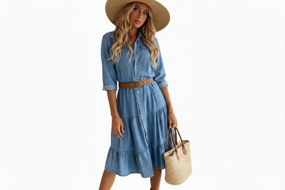 Belted Denim Midi Dress | Three-Quarter Sleeve Ruffle & Button Detail Blue M