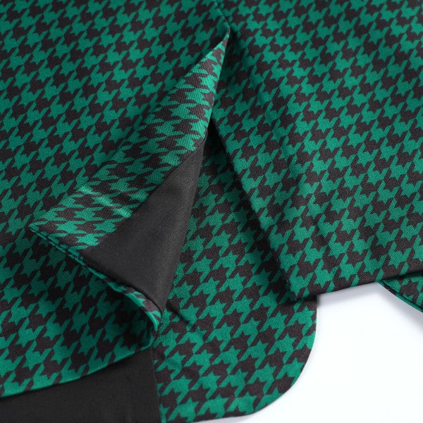 Men's Houndstooth Pattern 2-Button Blazer | 3D Slim Fit Notched Lapel Jacket – Black & Green