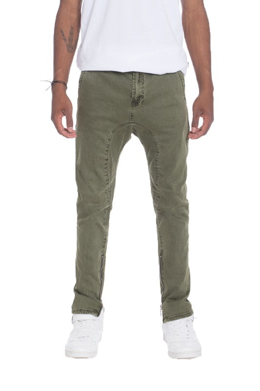 Men's Distressed Denim Checkered Tape Jeans Olive 34