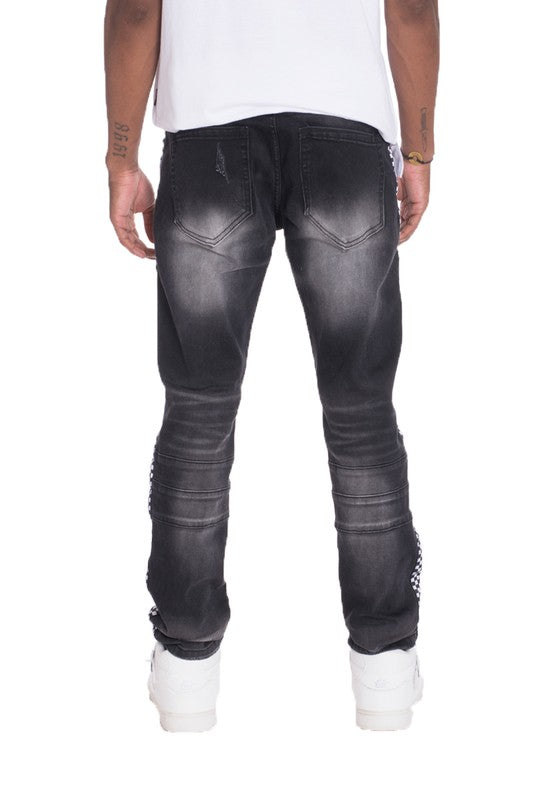 Men's Distressed Denim Checkered Tape Jeans Black Distressed 34