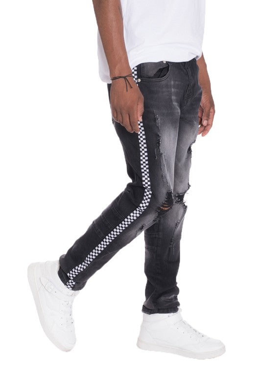Men's Distressed Denim Checkered Tape Jeans Black Distressed 32