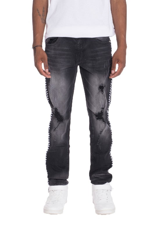 Men's Distressed Denim Checkered Tape Jeans