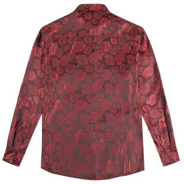 Men's Rose Jacquard Long Sleeve Shirt | Slim Fit Floral Button-Down Dress Shirt