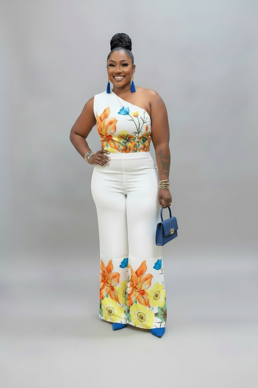 Flower Print 2-Piece Palazzo Set | One-Shoulder Crop Top & Wide-Leg Pants Yellow XXXL