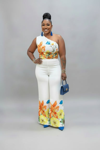 Flower Print 2-Piece Palazzo Set | One-Shoulder Crop Top & Wide-Leg Pants Yellow XXXL