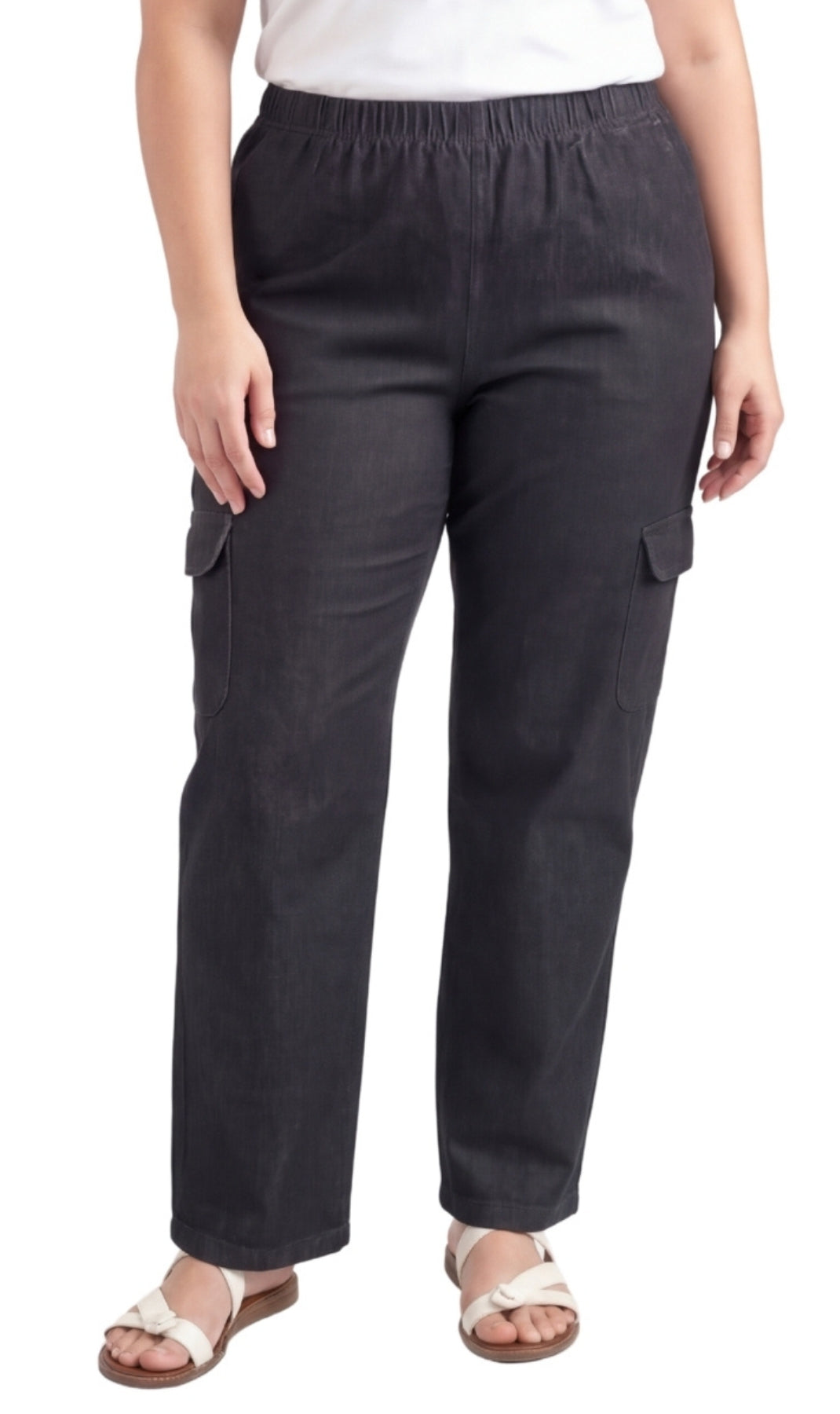 Women's Lightweight Elastic Stretch Waist Casual Denim Pull-on Cargo Pants Black