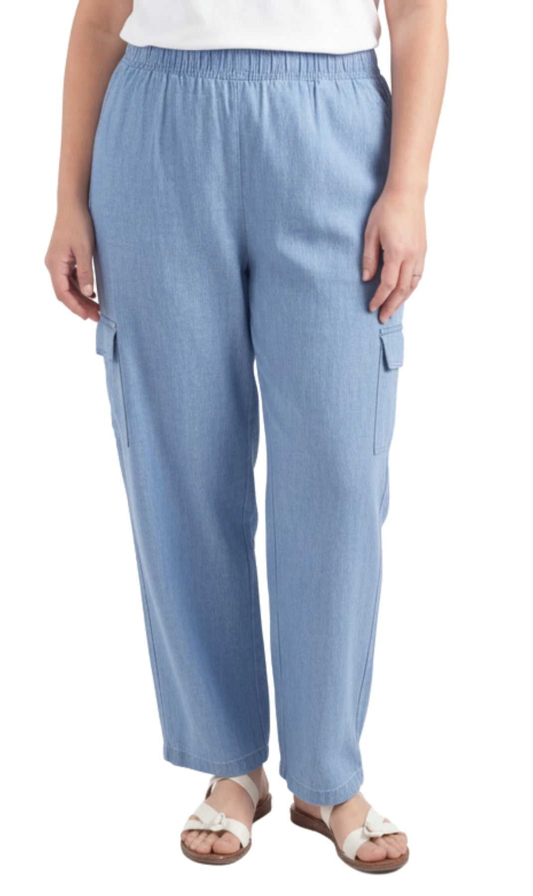 Women's Lightweight Elastic Stretch Waist Casual Denim Pull-on Cargo Pants Chambray