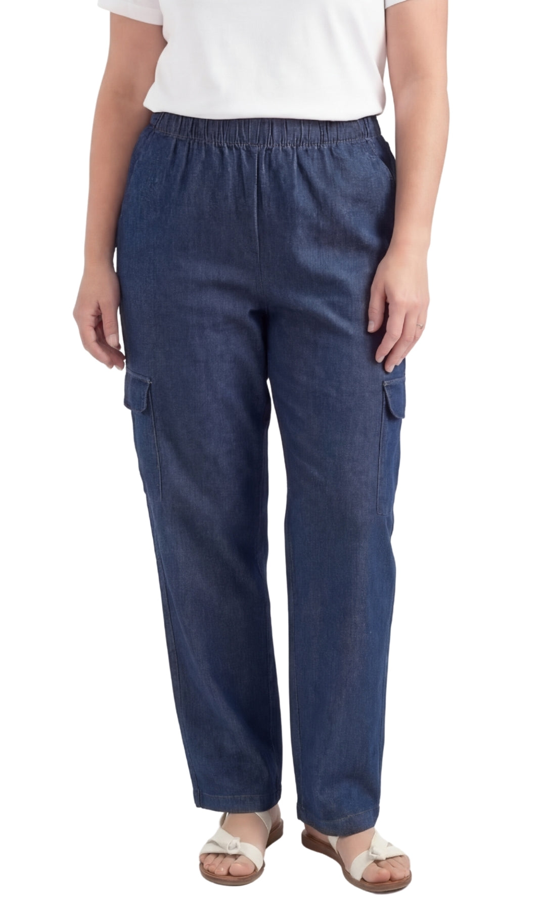 Women's Lightweight Elastic Stretch Waist Casual Denim Pull-on Cargo Pants Indigo