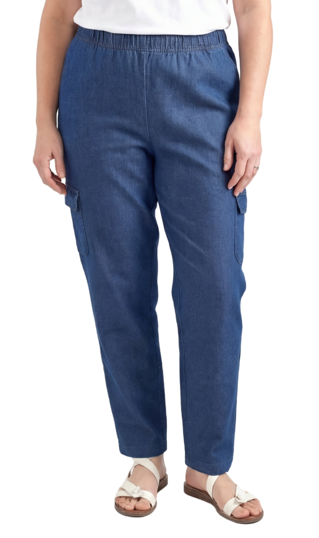 Women's Lightweight Elastic Stretch Waist Casual Denim Pull-on Cargo Pants Med Blue