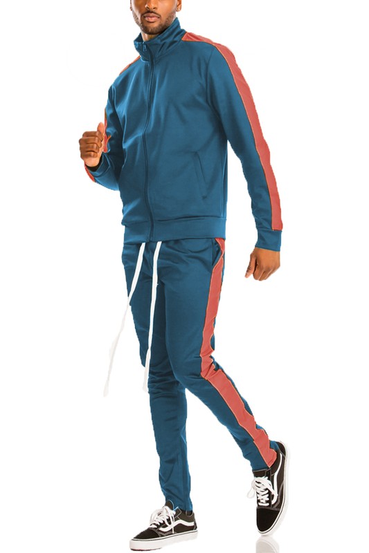 Men's Single Stripe Track Set – Full Zip Jacket & Track Pants Blue Orange