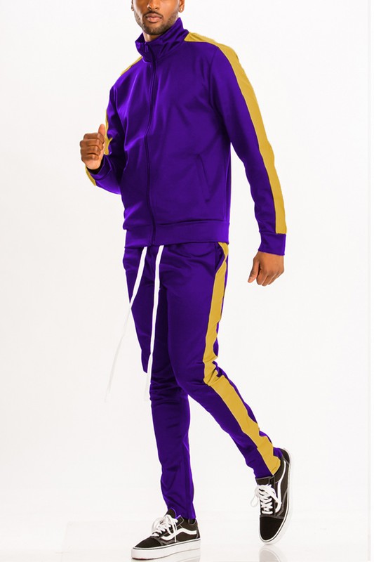 Men's Single Stripe Track Set – Full Zip Jacket & Track Pants Purple Yellow