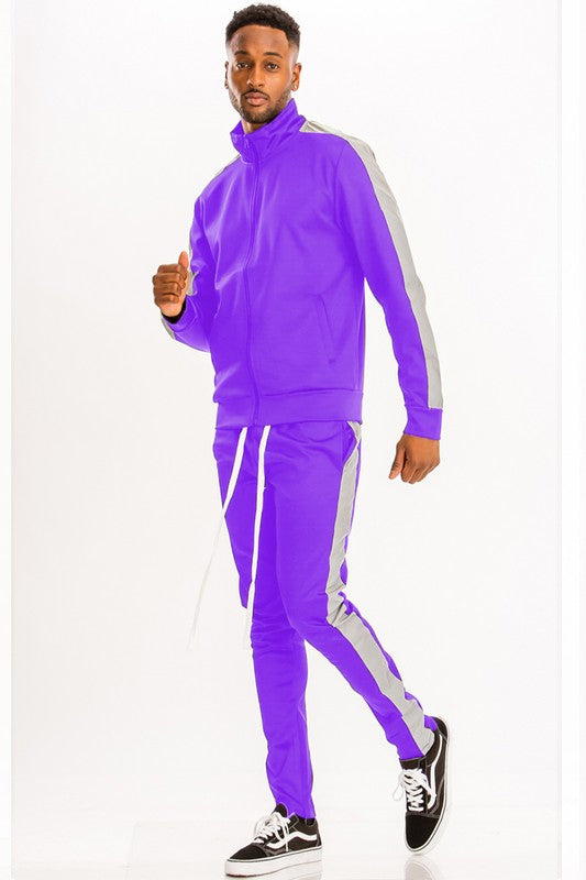 Men's Single Stripe Track Set – Full Zip Jacket & Track Pants Purple White