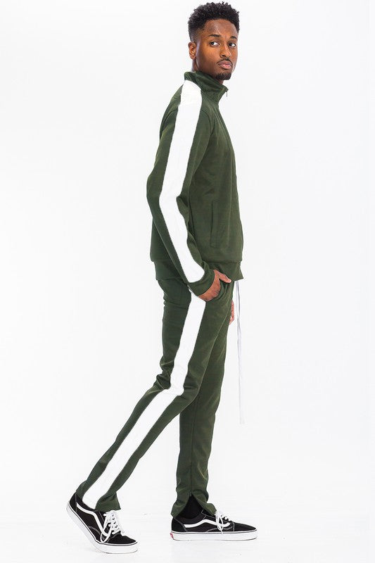 Men's Single Stripe Track Set – Full Zip Jacket & Track Pants Olive White