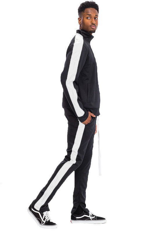 Men's Single Stripe Track Set – Full Zip Jacket & Track Pants Black White