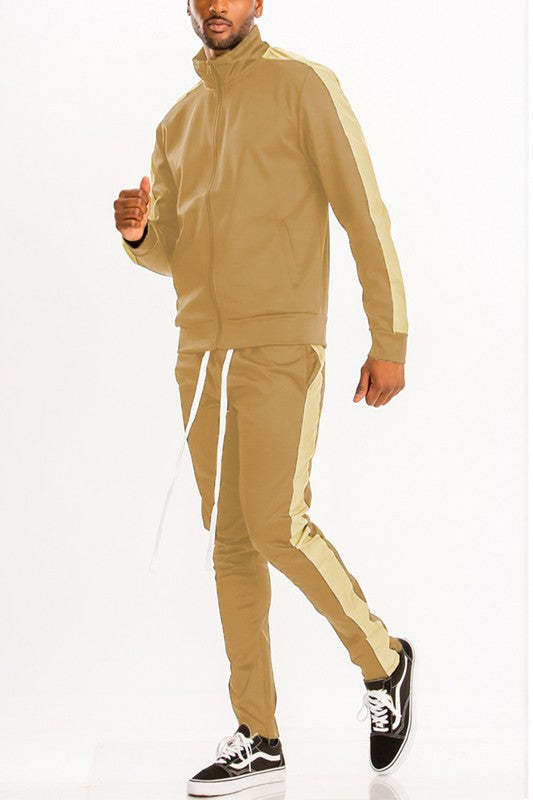 Men's Single Stripe Track Set – Full Zip Jacket & Track Pants Sand Cream
