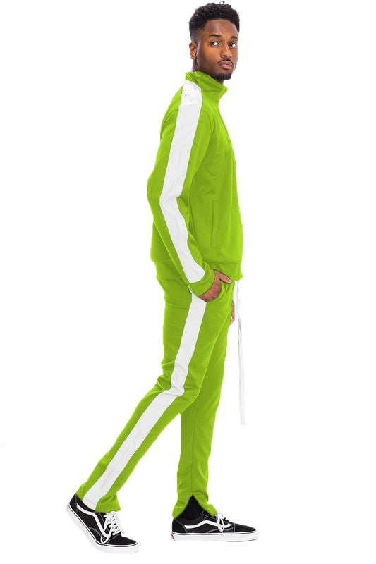Men's Single Stripe Track Set – Full Zip Jacket & Track Pants Lime White