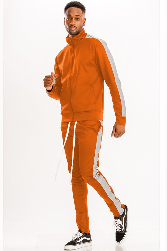 Men's Single Stripe Track Set – Full Zip Jacket & Track Pants Orange White 2XL