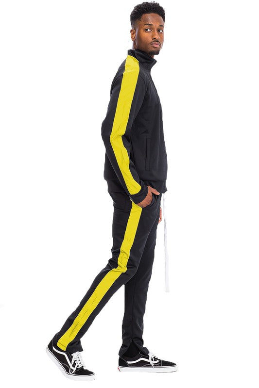 Men's Single Stripe Track Set – Full Zip Jacket & Track Pants Black Yellow