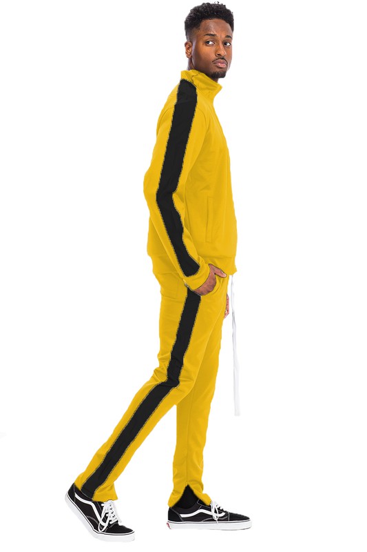 Men's Single Stripe Track Set – Full Zip Jacket & Track Pants Yellow Black