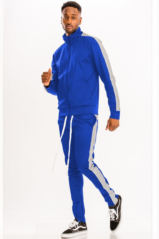 Men's Single Stripe Track Set – Full Zip Jacket & Track Pants Royal White