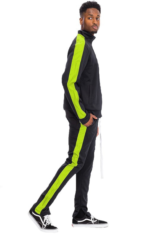 Men's Single Stripe Track Set – Full Zip Jacket & Track Pants Black Lime