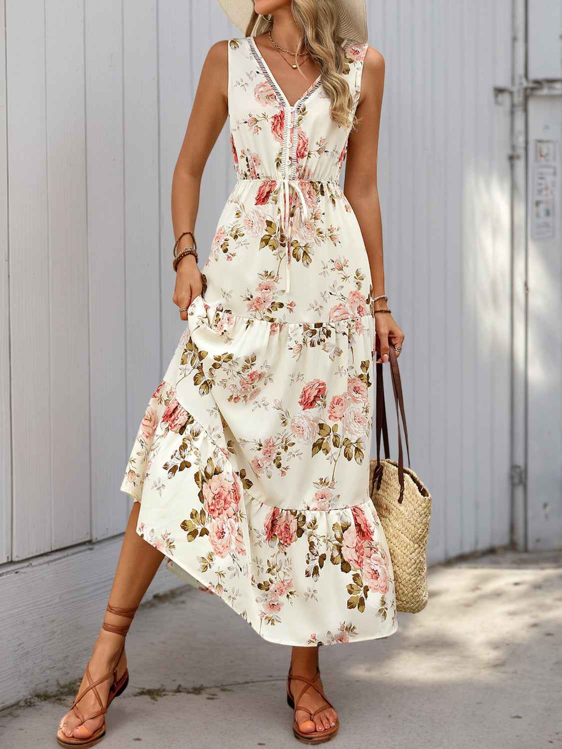 The Printed Ruffled Hem V-Neck Dress – Sleeveless, Cream, Sizes S–XL