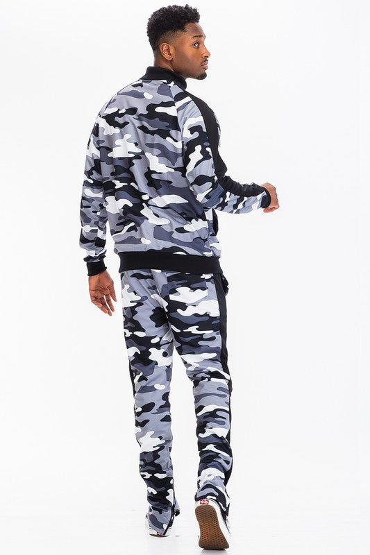 Men's Full Camo Stripe Track Set – Jacket & Pants, 3 Colors, S–3XL Black Camo L