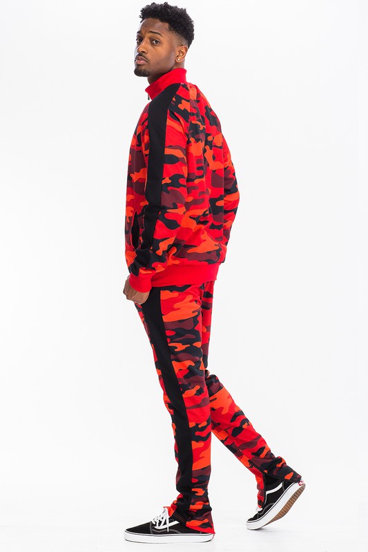 Men's Full Camo Stripe Track Set – Jacket & Pants, 3 Colors, S–3XL Red