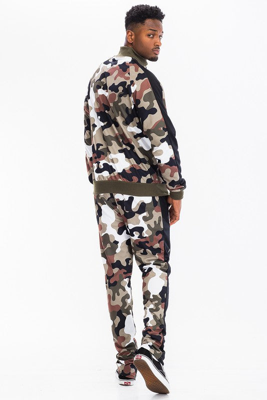 Men's Full Camo Stripe Track Set – Jacket & Pants, 3 Colors, S–3XL Wood Camo L