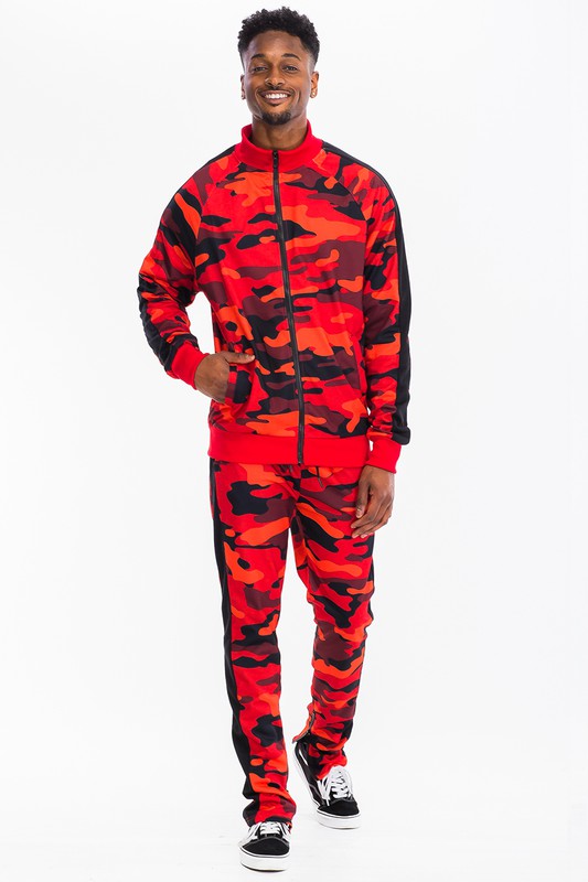 Men's Full Camo Stripe Track Set – Jacket & Pants, 3 Colors, S–3XL Red