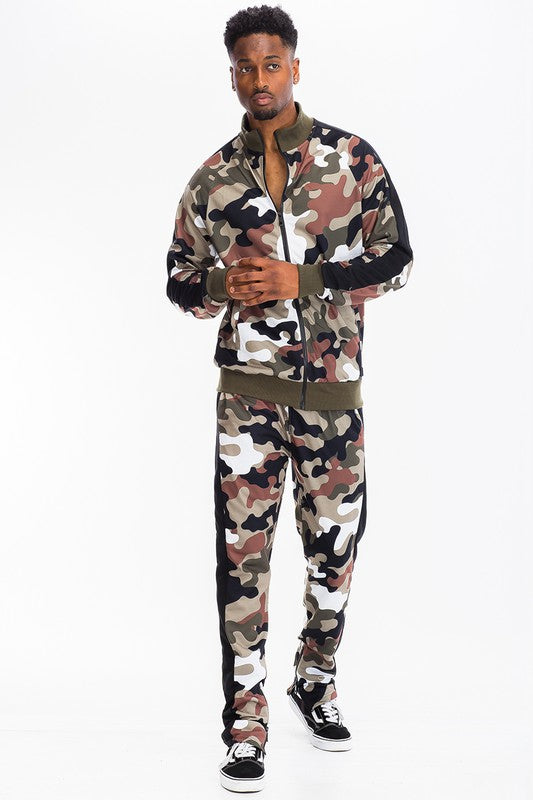 Men's Full Camo Stripe Track Set – Jacket & Pants, 3 Colors, S–3XL Wood Camo