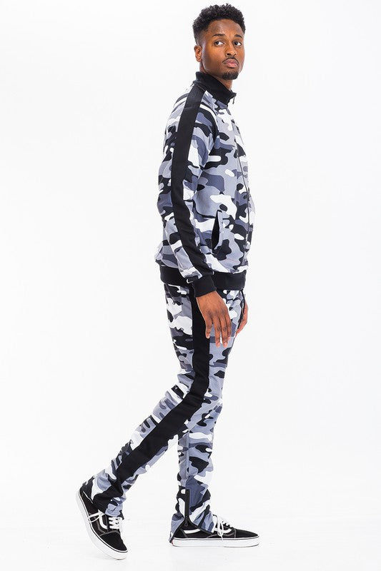 Men's Full Camo Stripe Track Set – Jacket & Pants, 3 Colors, S–3XL Black Camo