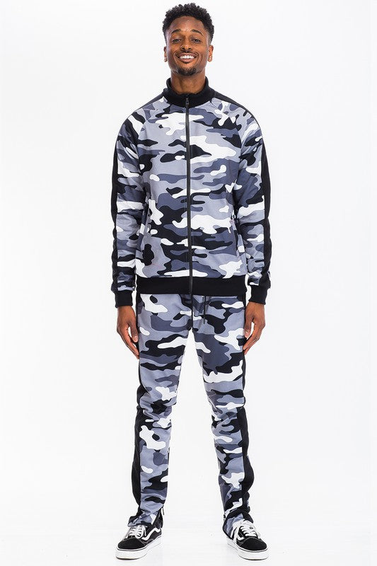 Men's Full Camo Stripe Track Set – Jacket & Pants, 3 Colors, S–3XL Black Camo