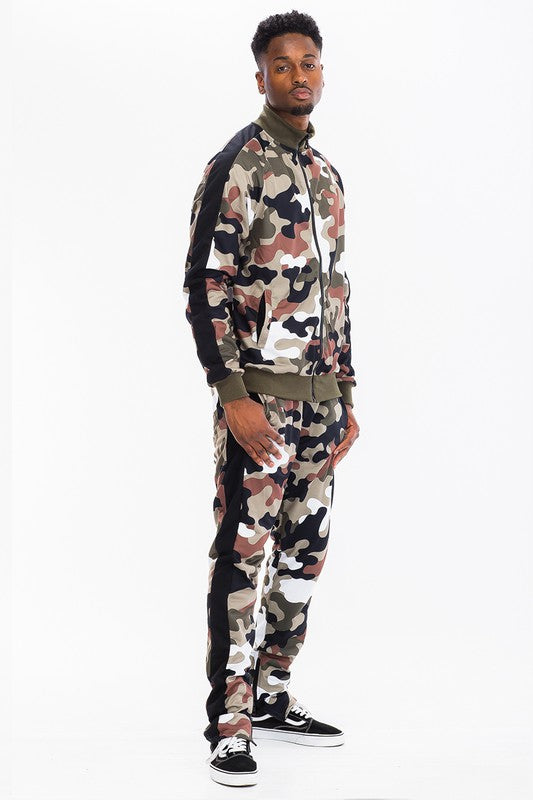 Men's Full Camo Stripe Track Set – Jacket & Pants, 3 Colors, S–3XL Wood Camo S
