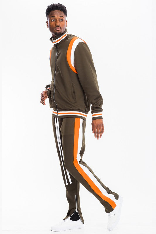 Men's Two Stripe Track Set – Jacket & Pants, 2 Colors, S–3XL Olive