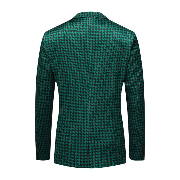 Men's Houndstooth Pattern 2-Button Blazer | 3D Slim Fit Notched Lapel Jacket – Black & Green