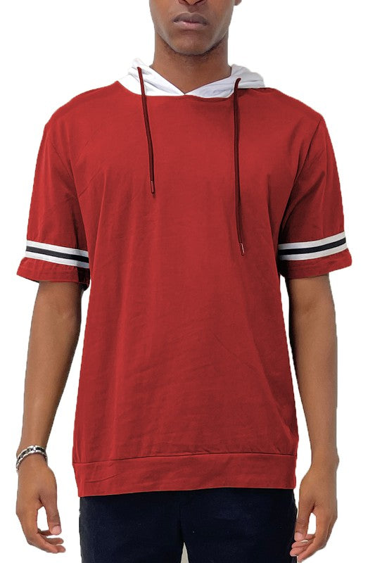 Men's Short Sleeve Hooded Shirt with Tape Detail Red