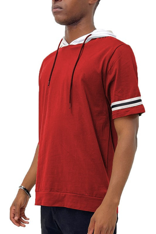 Men's Short Sleeve Hooded Shirt with Tape Detail Red M