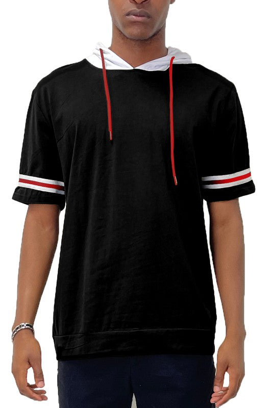 Men's Short Sleeve Hooded Shirt with Tape Detail Black