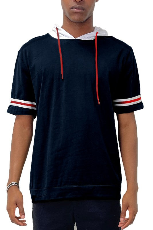 Men's Short Sleeve Hooded Shirt with Tape Detail Navy
