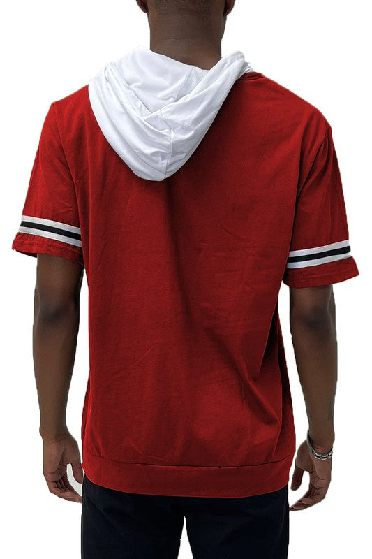 Men's Short Sleeve Hooded Shirt with Tape Detail Red XL