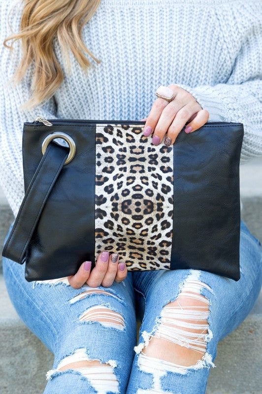 Leopard Color Block Clutch Bag