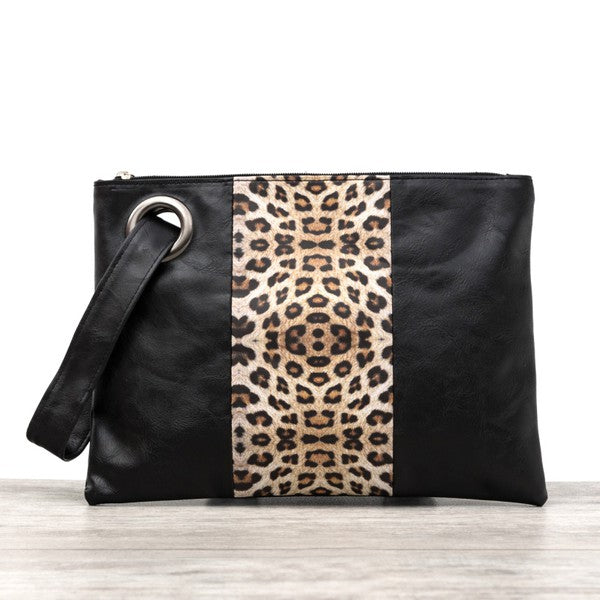Leopard Color Block Clutch Bag