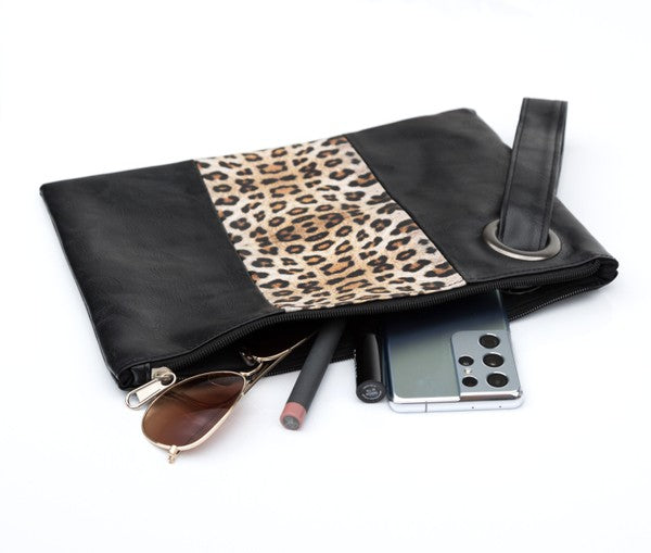 Leopard Color Block Clutch Bag