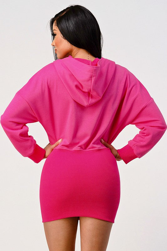 Pink Hoodie Zip-Up Mini Dress – Zipper Detail Pink L