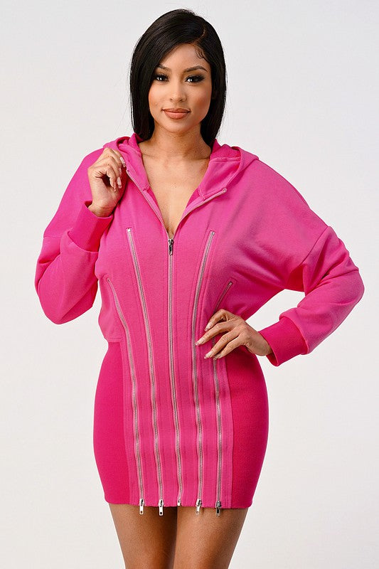 Pink Hoodie Zip-Up Mini Dress – Zipper Detail