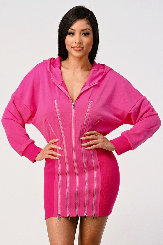 Pink Hoodie Zip-Up Mini Dress – Zipper Detail