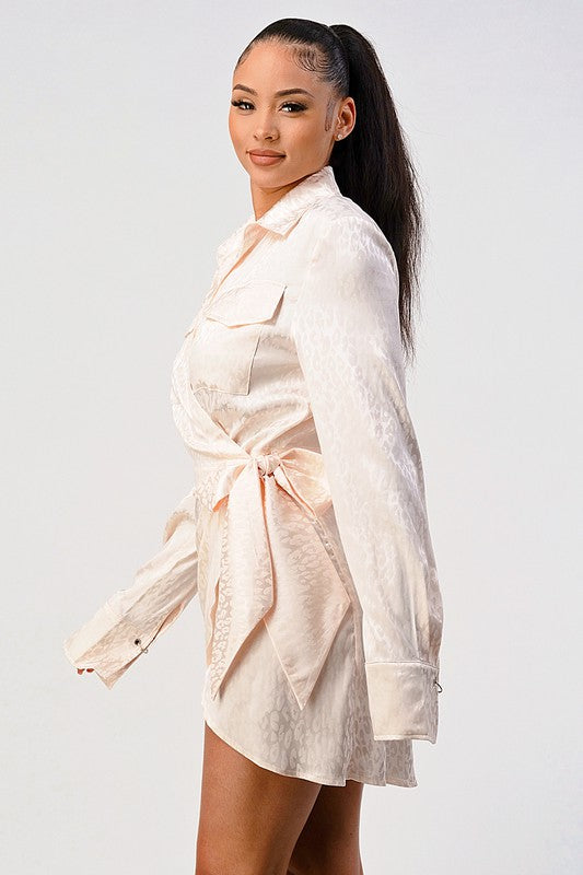 Leopard Print Satin Wrap Mini Shirt Dress - Long Sleeve Double Pocket Dress