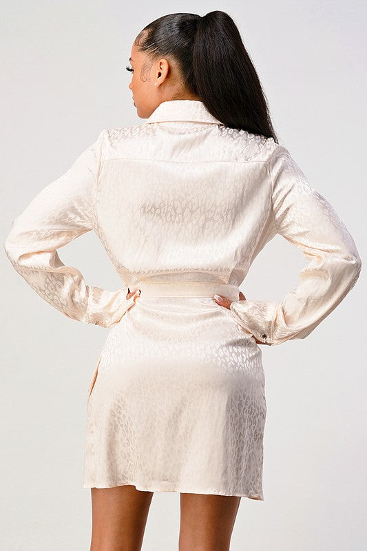 Leopard Print Satin Wrap Mini Shirt Dress - Long Sleeve Double Pocket Dress