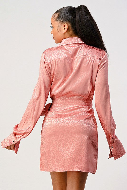 Leopard Print Satin Wrap Mini Shirt Dress - Long Sleeve Double Pocket Dress
